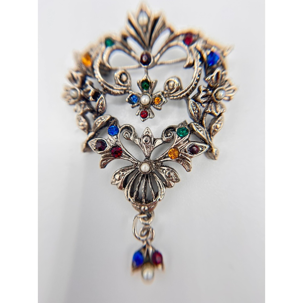 Ruby Lane Brooch Women Silver Good Vintage Rhinestone Faux Pearl Ornate Dangle